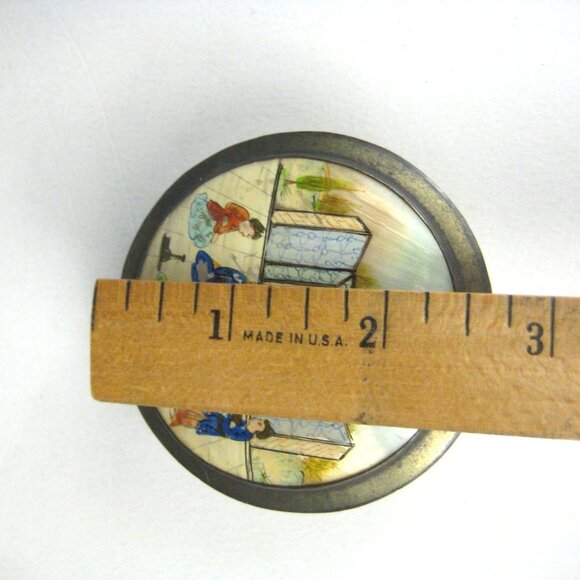 Vintage Hand Painted Asian Trinket Box Mirror Top Mother Of Pearl Silver Plated - Picture 8 of 15